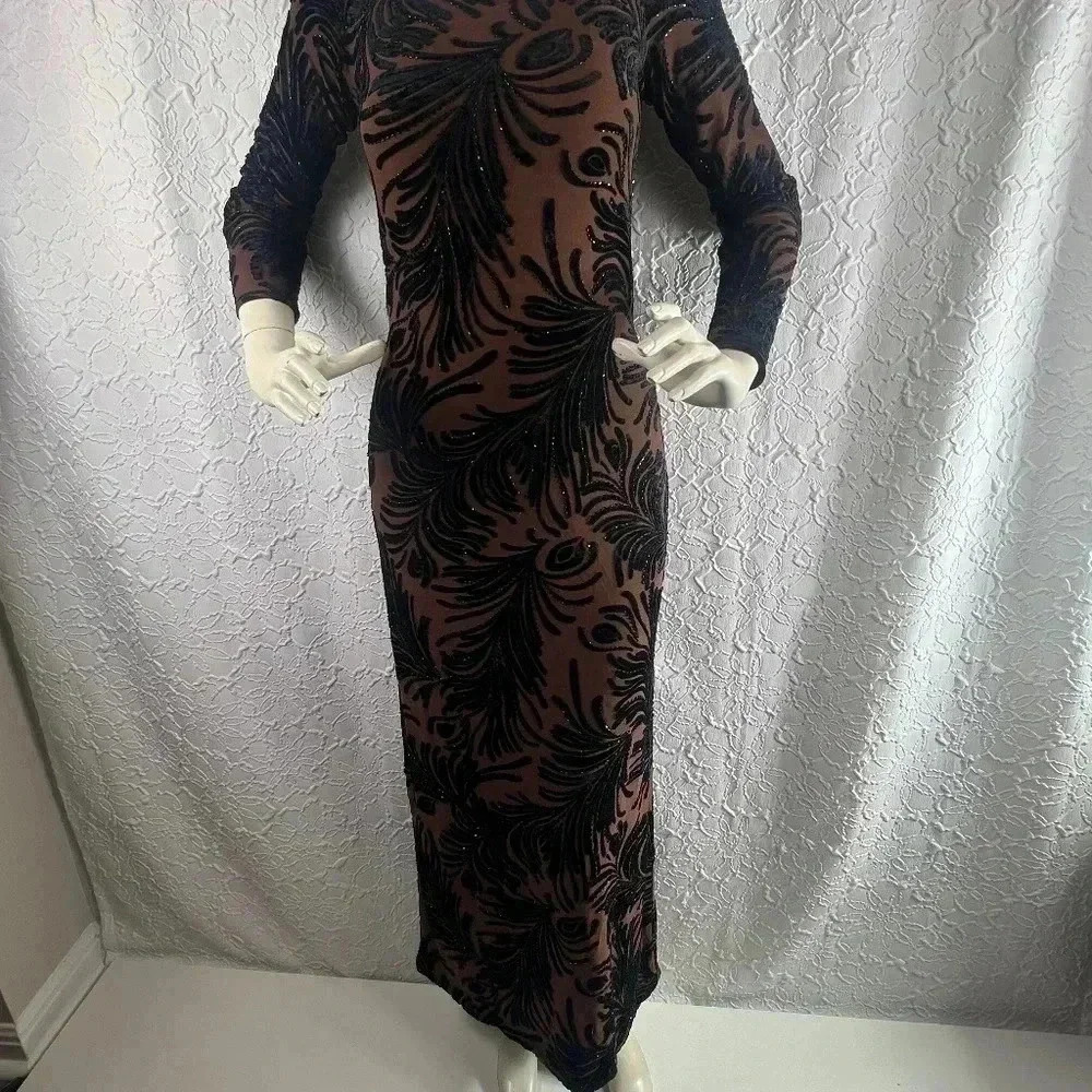 Unbranded Flocked Velvet Peacock Glitter Maxi Dress Brown Black Size M